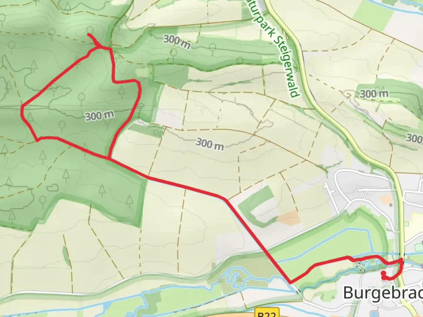 An image depicting the trail Burgstall Windeck via Main Donau Weg and Rundweg Burgebrach and its surrounding area.