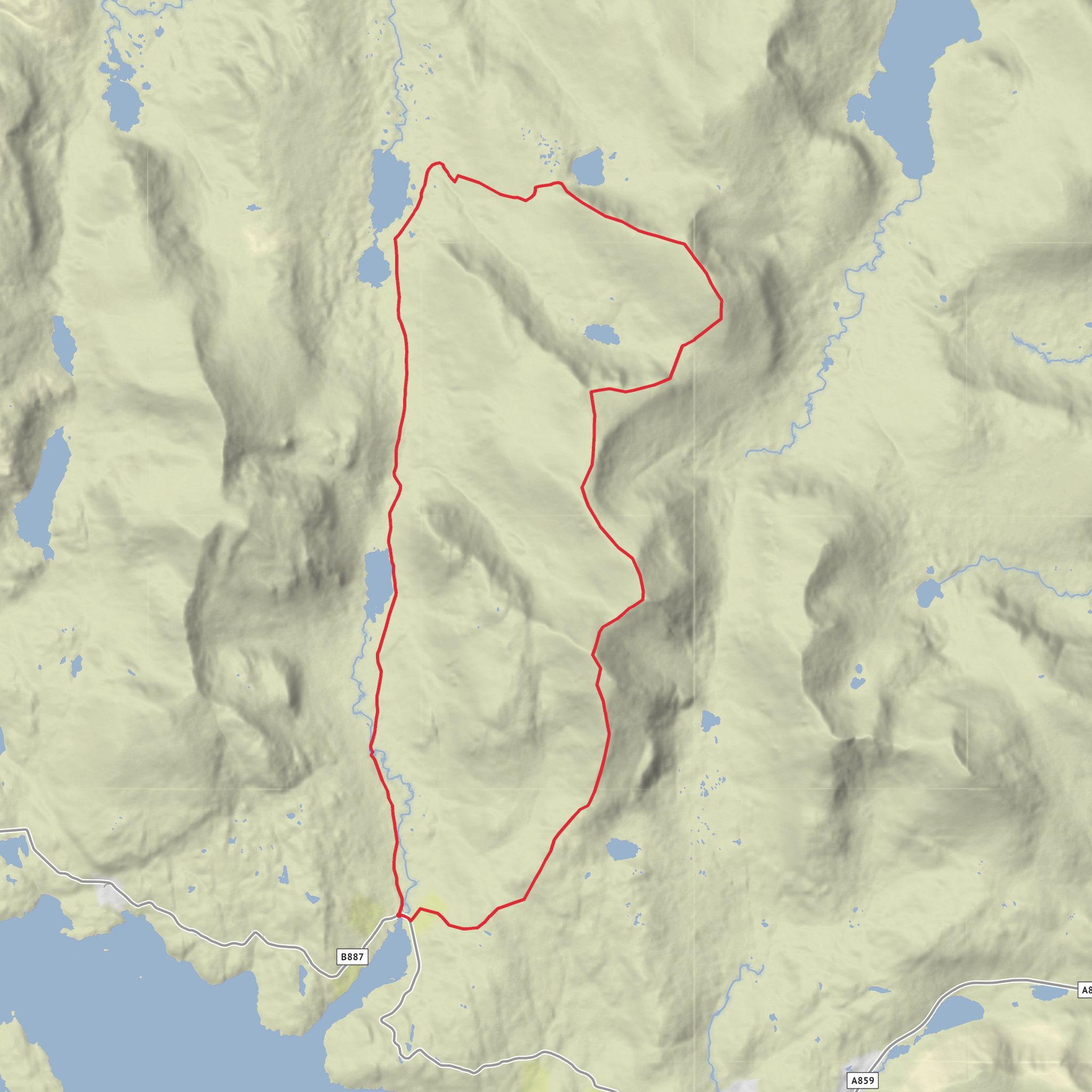 Loch Scourst, Loch Bhoisimid, Stulabha, Uisgneabhal Mor and Braigh an Fhais Loop mobile static map