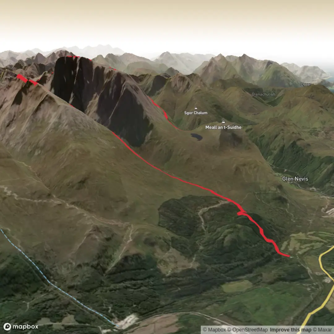 An image depicting the trail Day Three - Scotland 7 Summits - Ben Nevis via CMD Arete and its surrounding area.