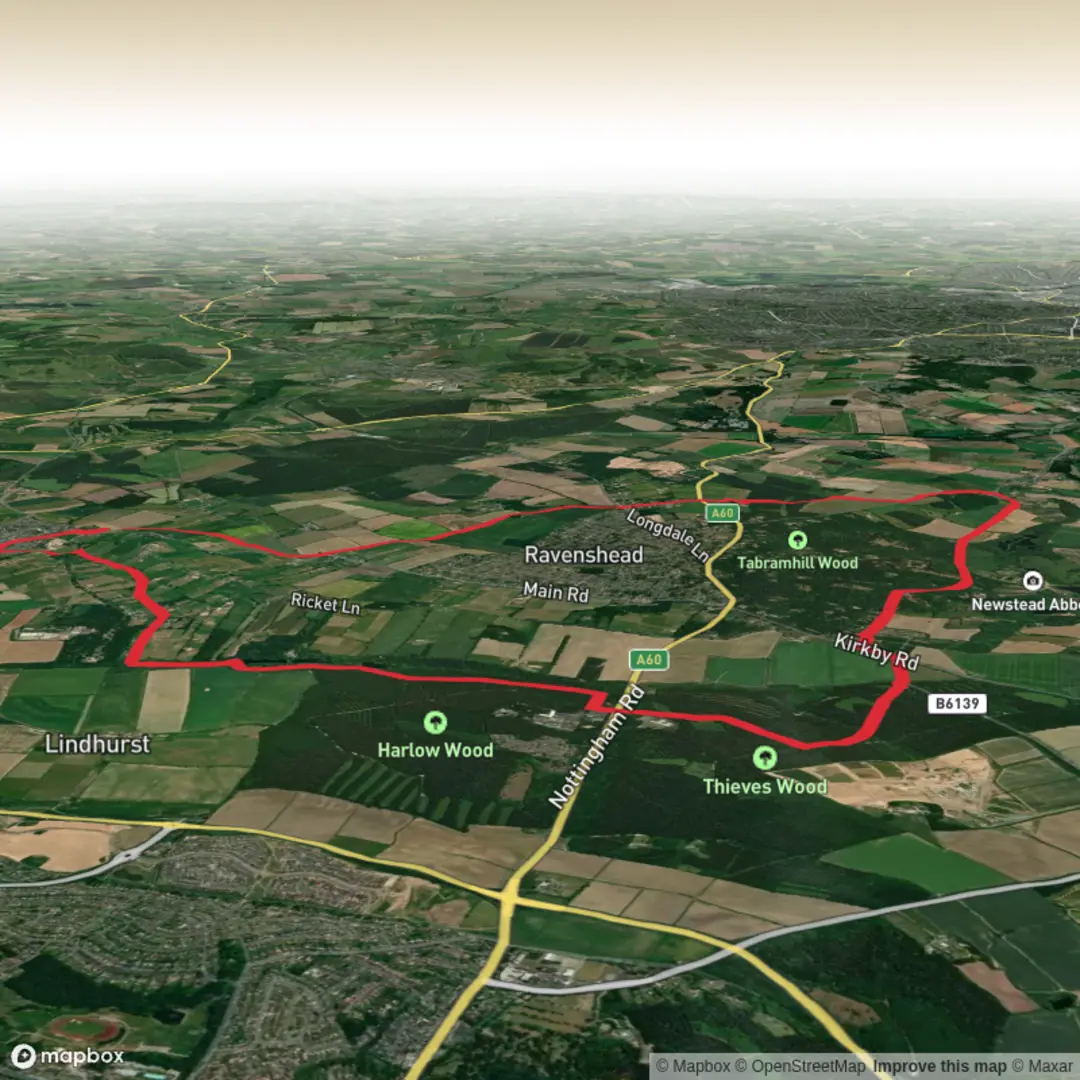 An image depicting the trail Normanshill Wood and Abbey Wood via Robin Hood Way and its surrounding area.