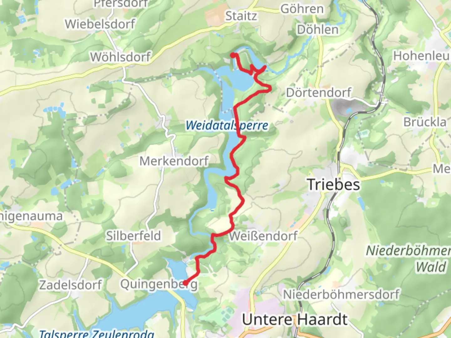 An image depicting the trail Bermichs Muehle to Badestrand via Weidatalsperre, Teufelsberg and Touringen Stempelstelle and its surrounding area.