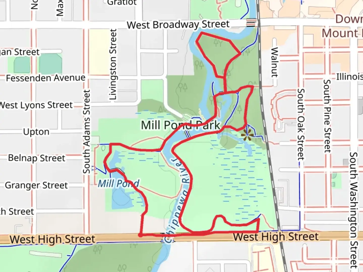An image depicting the trail Chippewa River and Mill Pond Loop and its surrounding area.