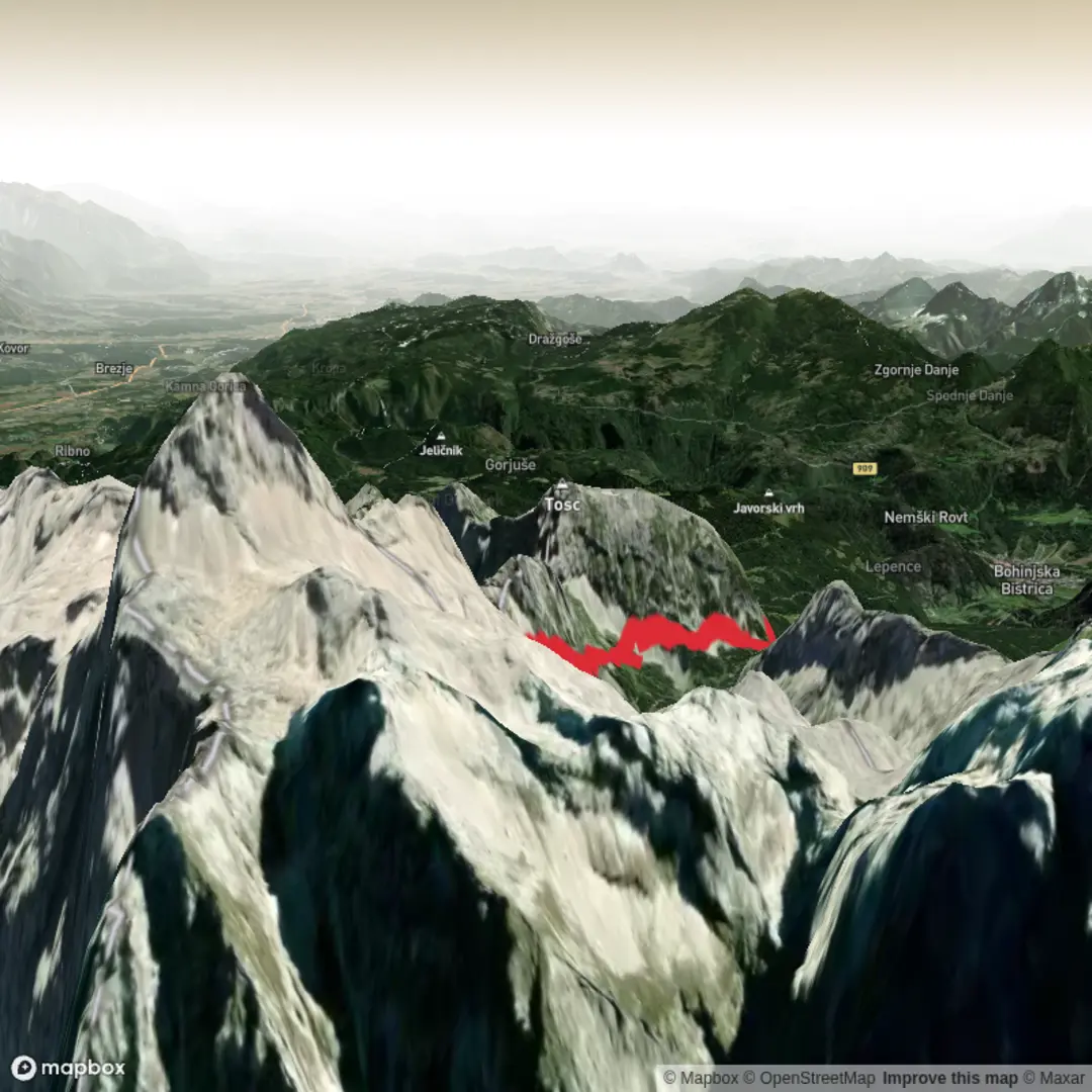 An image depicting the trail Triglav Day 2 - Dom Planika to Rudno Polje and its surrounding area.