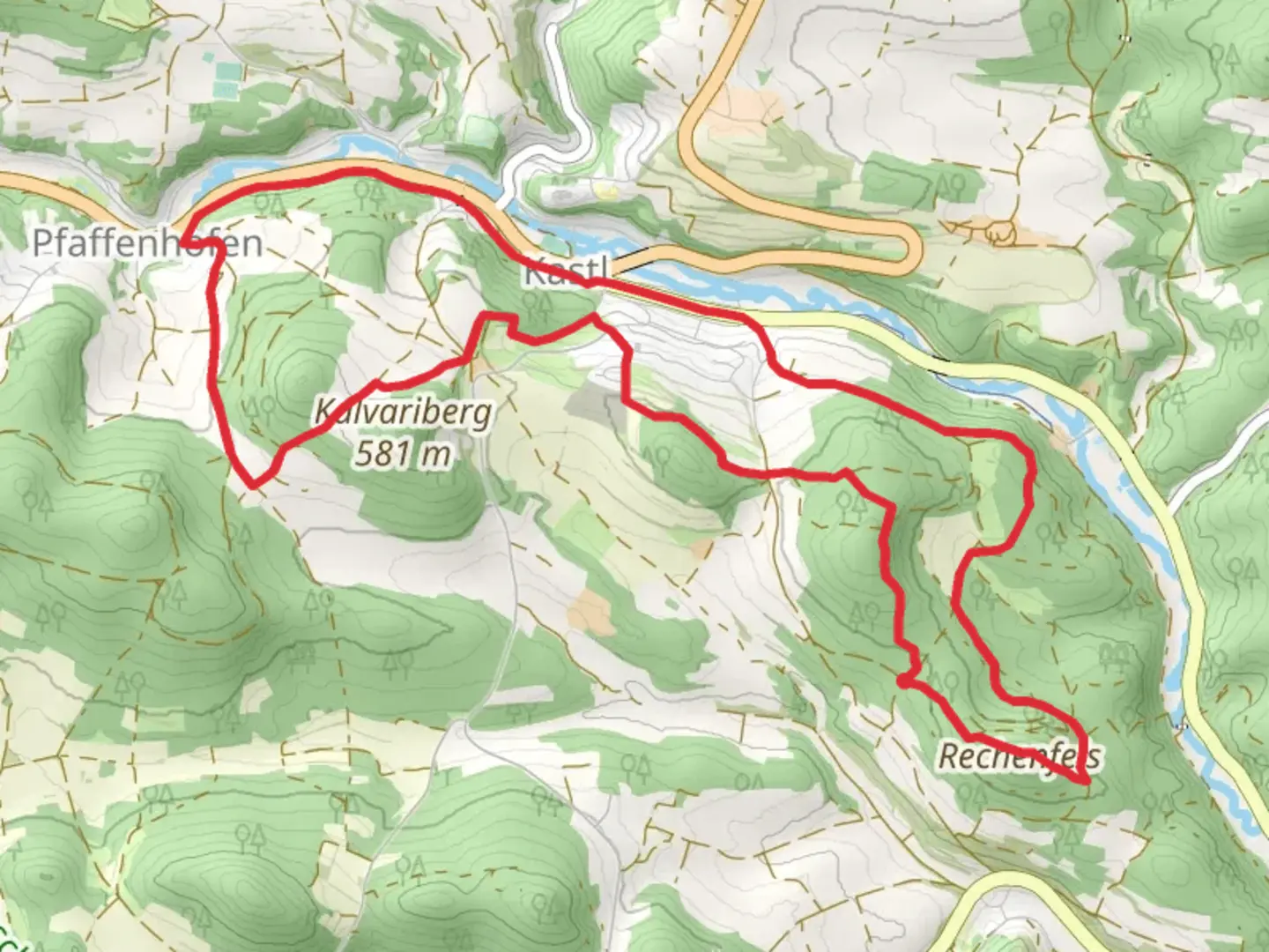 An image depicting the trail Schweppermannsburg, Kalvariberg, Kastleberg and Rechenfels Loop and its surrounding area.