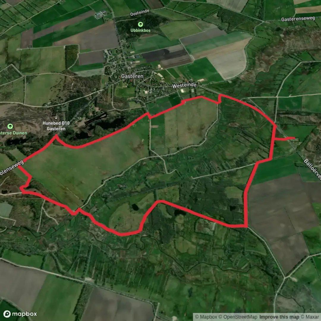 An image depicting the trail Achter t Veen, Oudemolense Veld and De Heest Loop and its surrounding area.