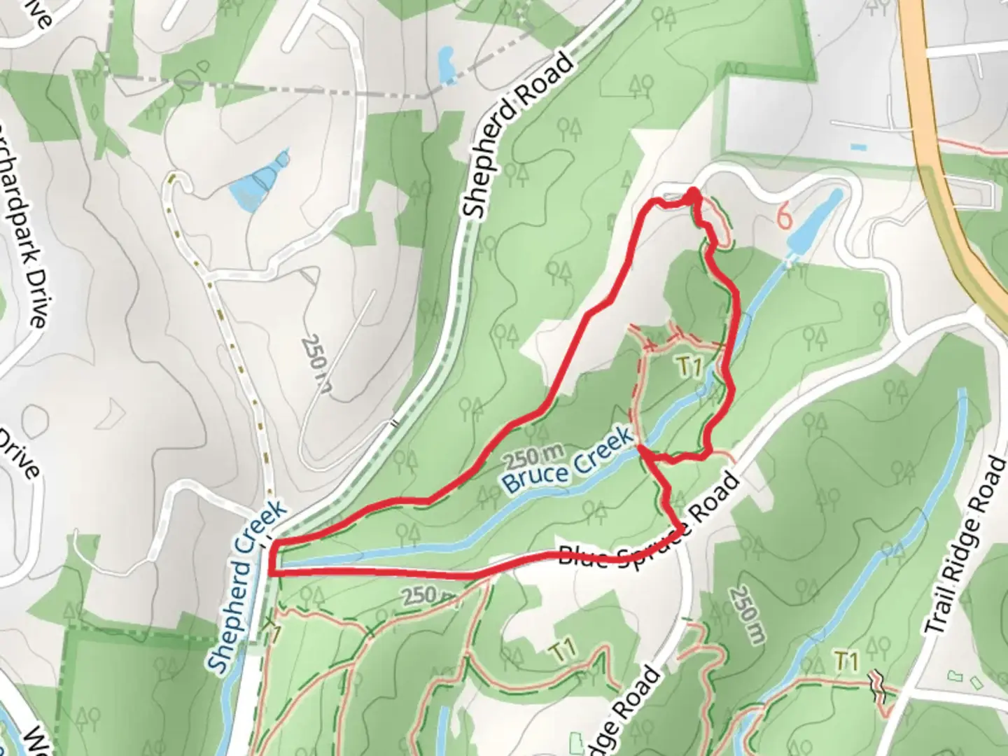 An image depicting the trail E trail and Arboretum Loop Trail and its surrounding area.