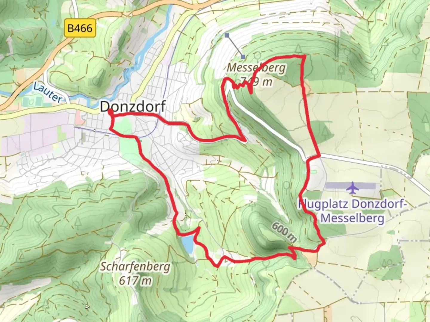 An image depicting the trail Messelberg via Donzdorf and Rötelsteinweg and its surrounding area.