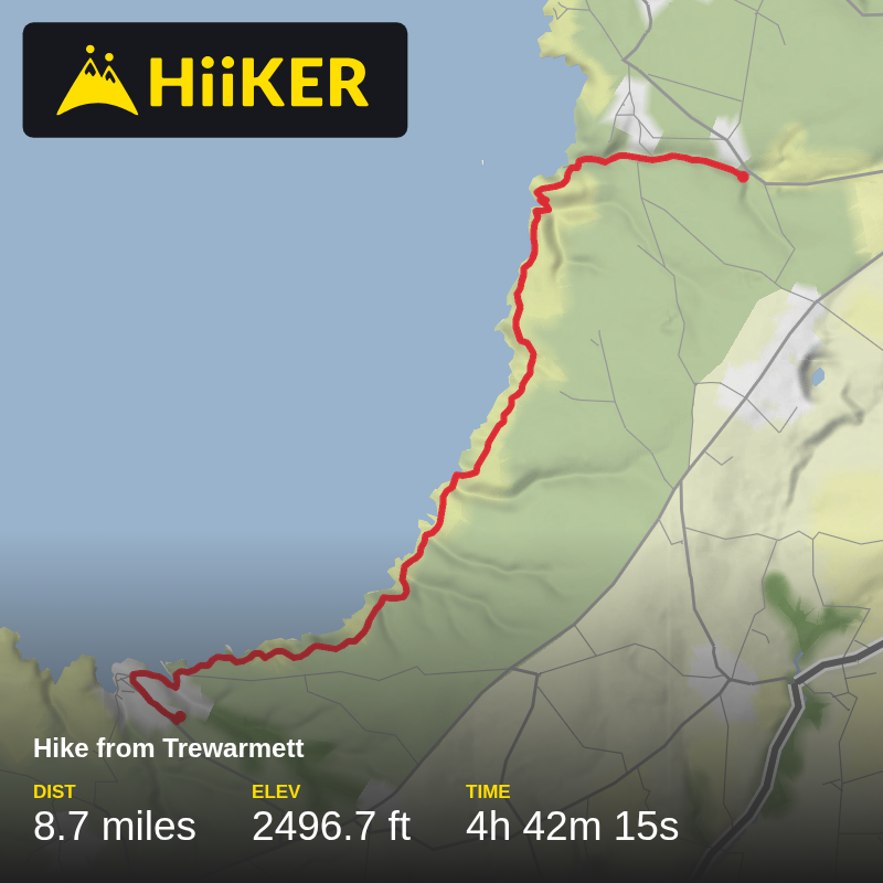 A map preview of the recording Hike from Trewarmett.