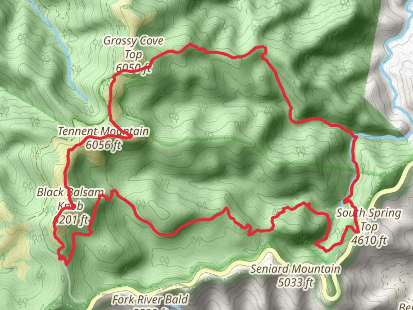 An image depicting the trail Black Balsam and Greasy Cove Trail Loop and its surrounding area.