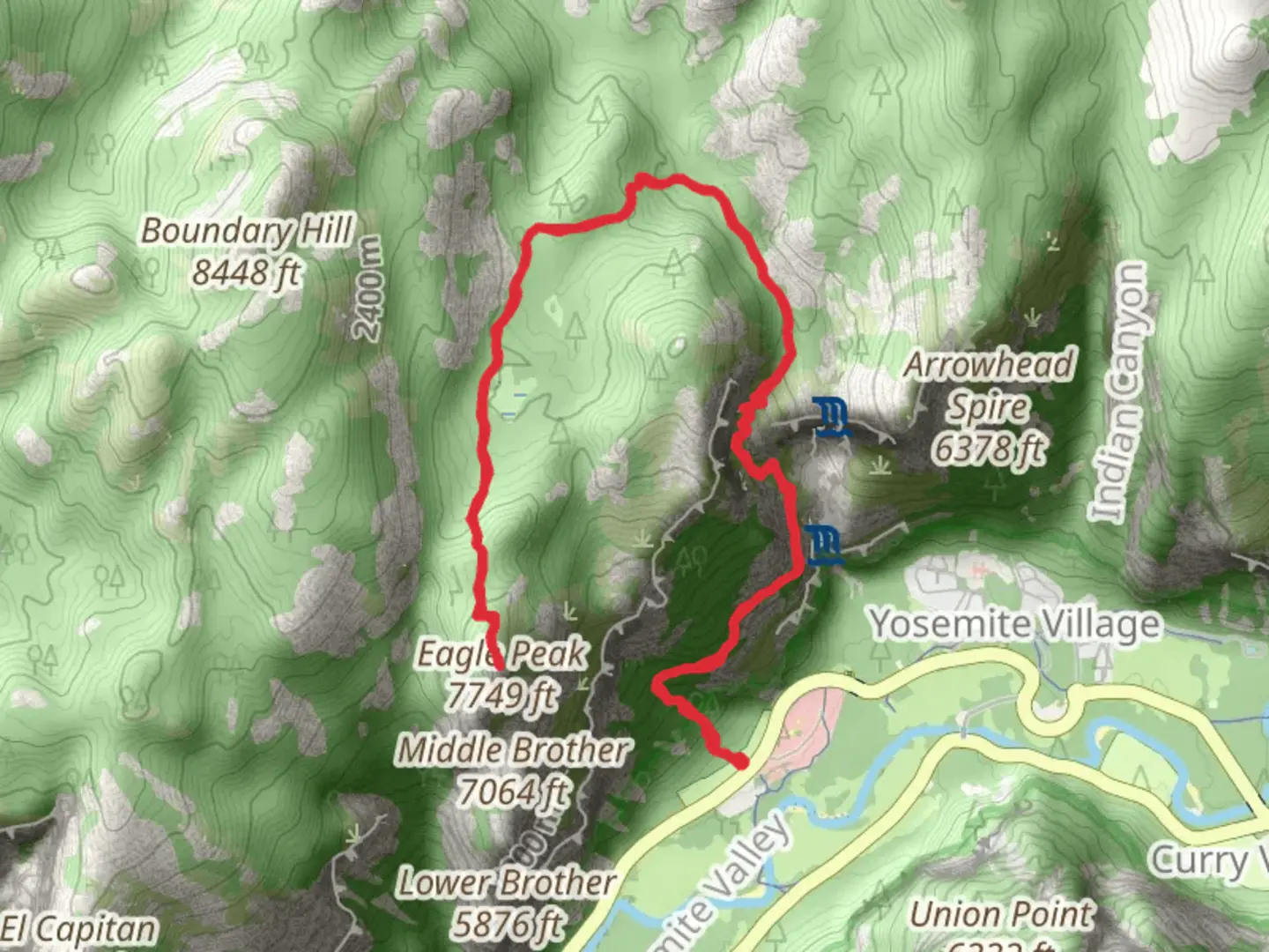 An image depicting the trail Eagle Peak and Creek via Upper Yosemite Fall Trail and its surrounding area.