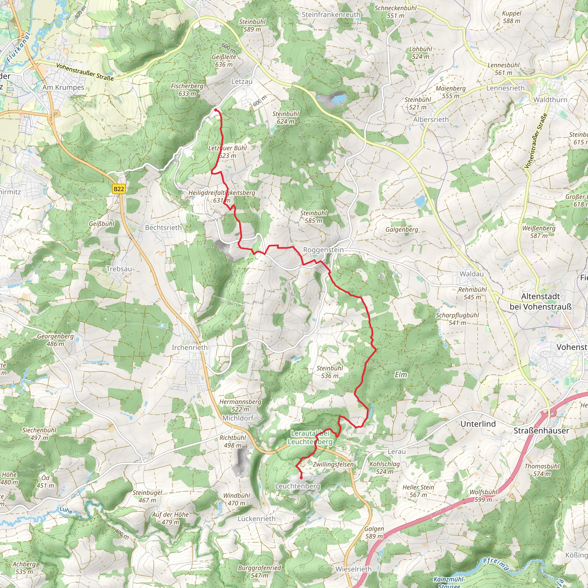 Oberhöll to Leuchtenberg via Wolfslohklamm and Goldsteig mobile static map