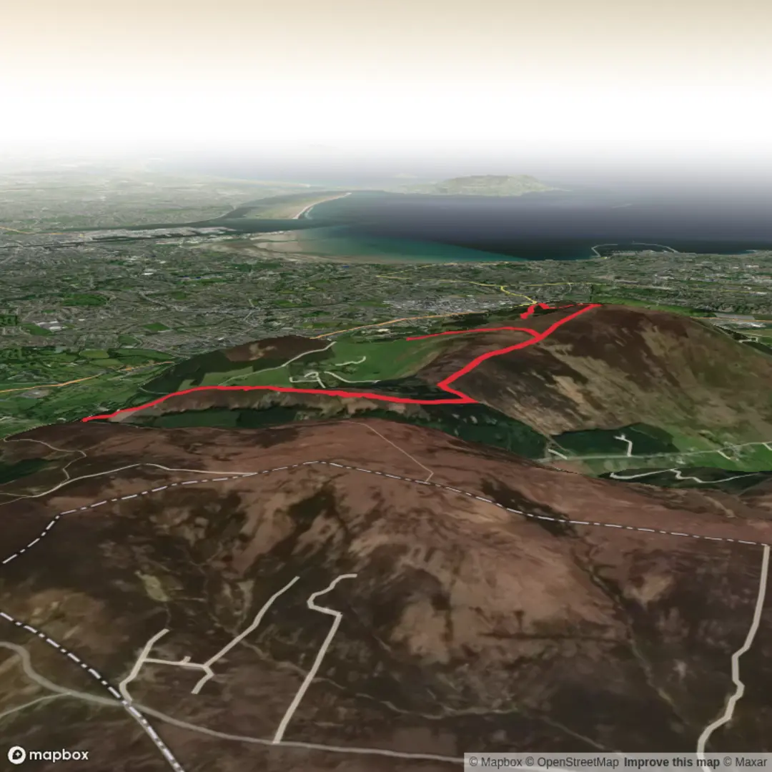 An image depicting the trail Fairy Castle and Three Rock Mountain via Dublin Mountains Way and its surrounding area.