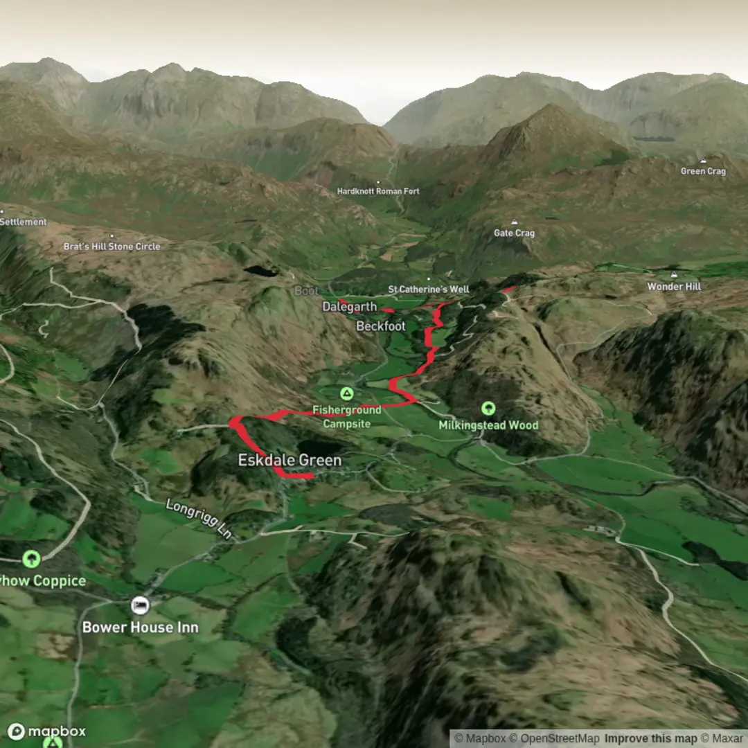 An image depicting the trail Eskdale Green to Dalesgarth and its surrounding area.