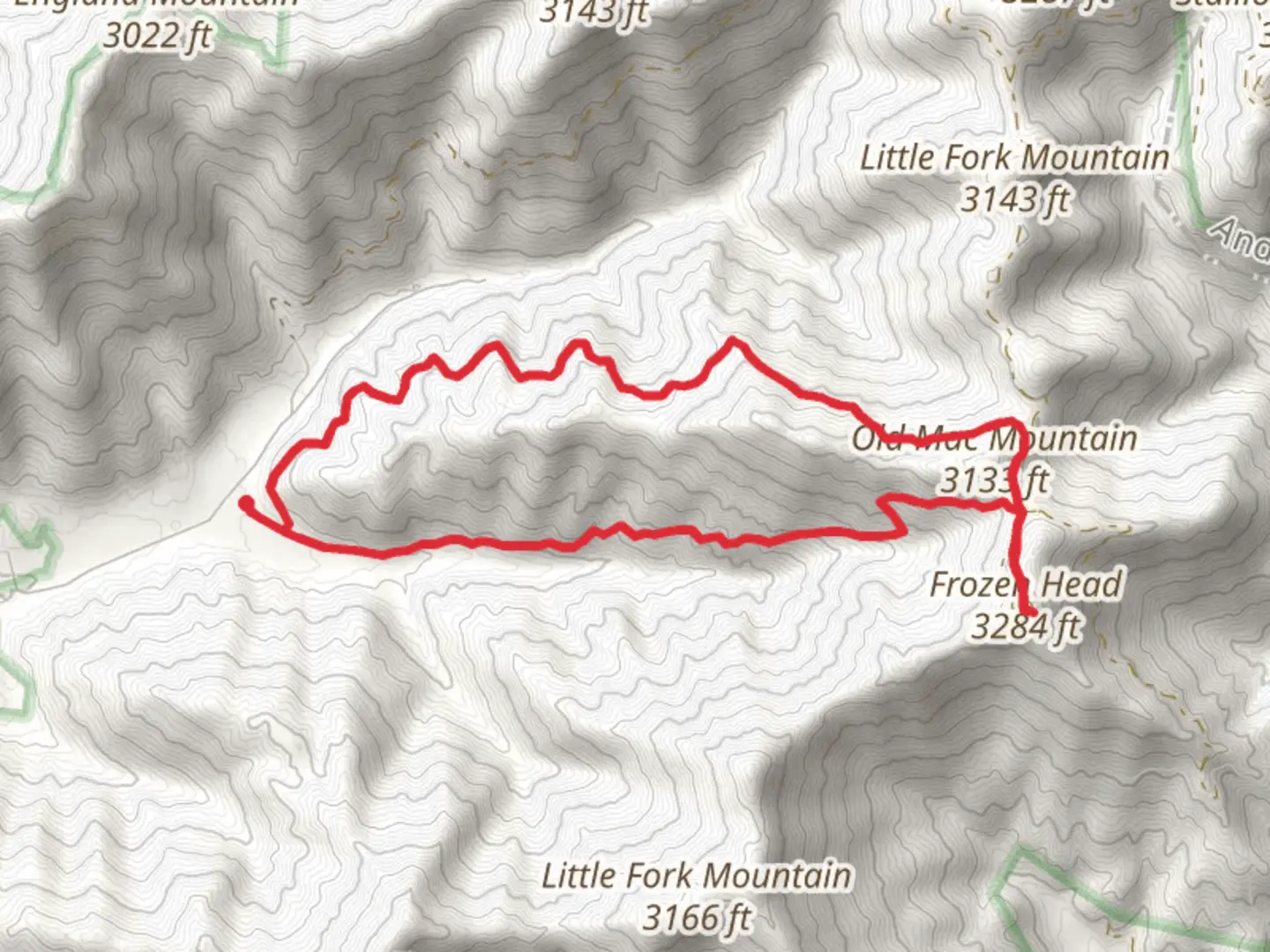 An image depicting the trail Frozen Head Loop and its surrounding area.
