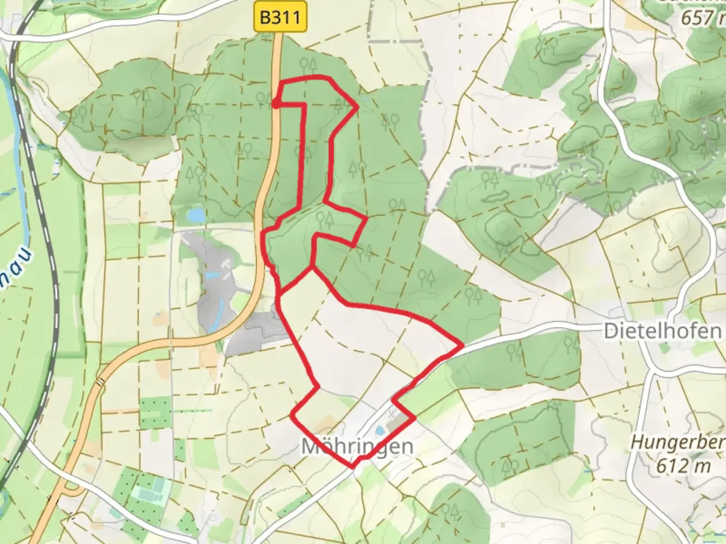 An image depicting the trail Möhringen Loop and its surrounding area.