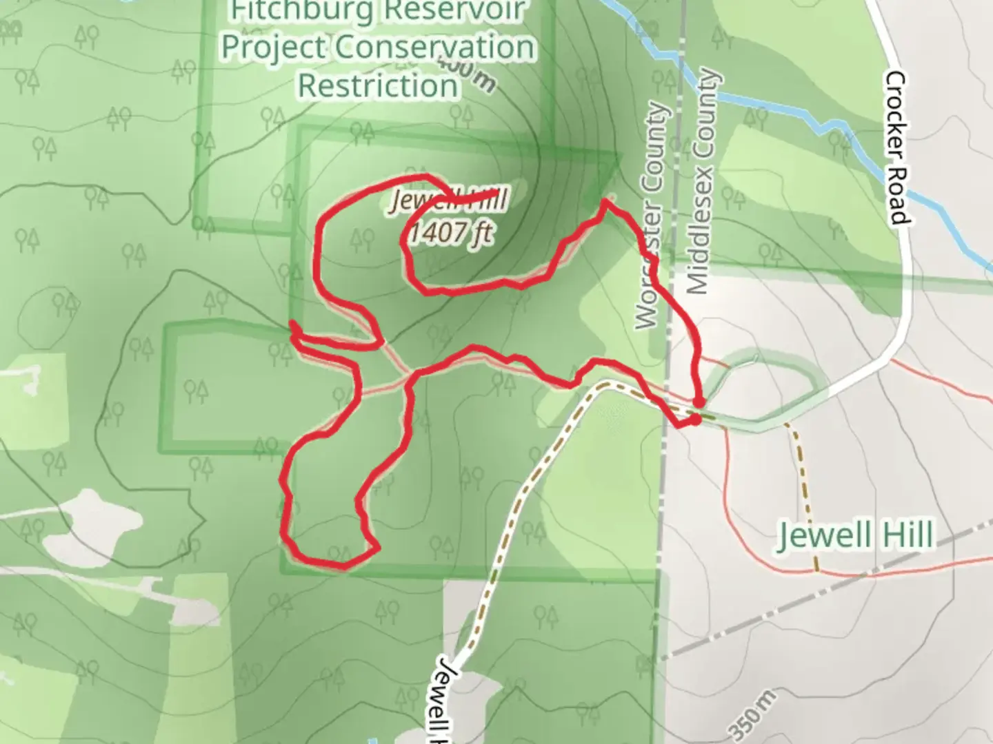 An image depicting the trail Jewell Hill Loop and its surrounding area.