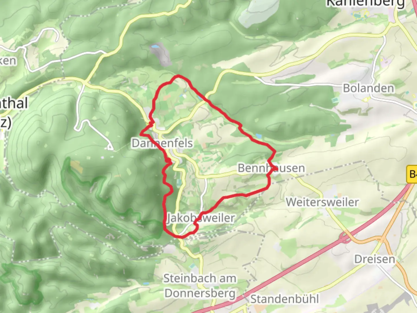 An image depicting the trail Angelweiher via Pfaelzerwald Weisser Punkt and its surrounding area.