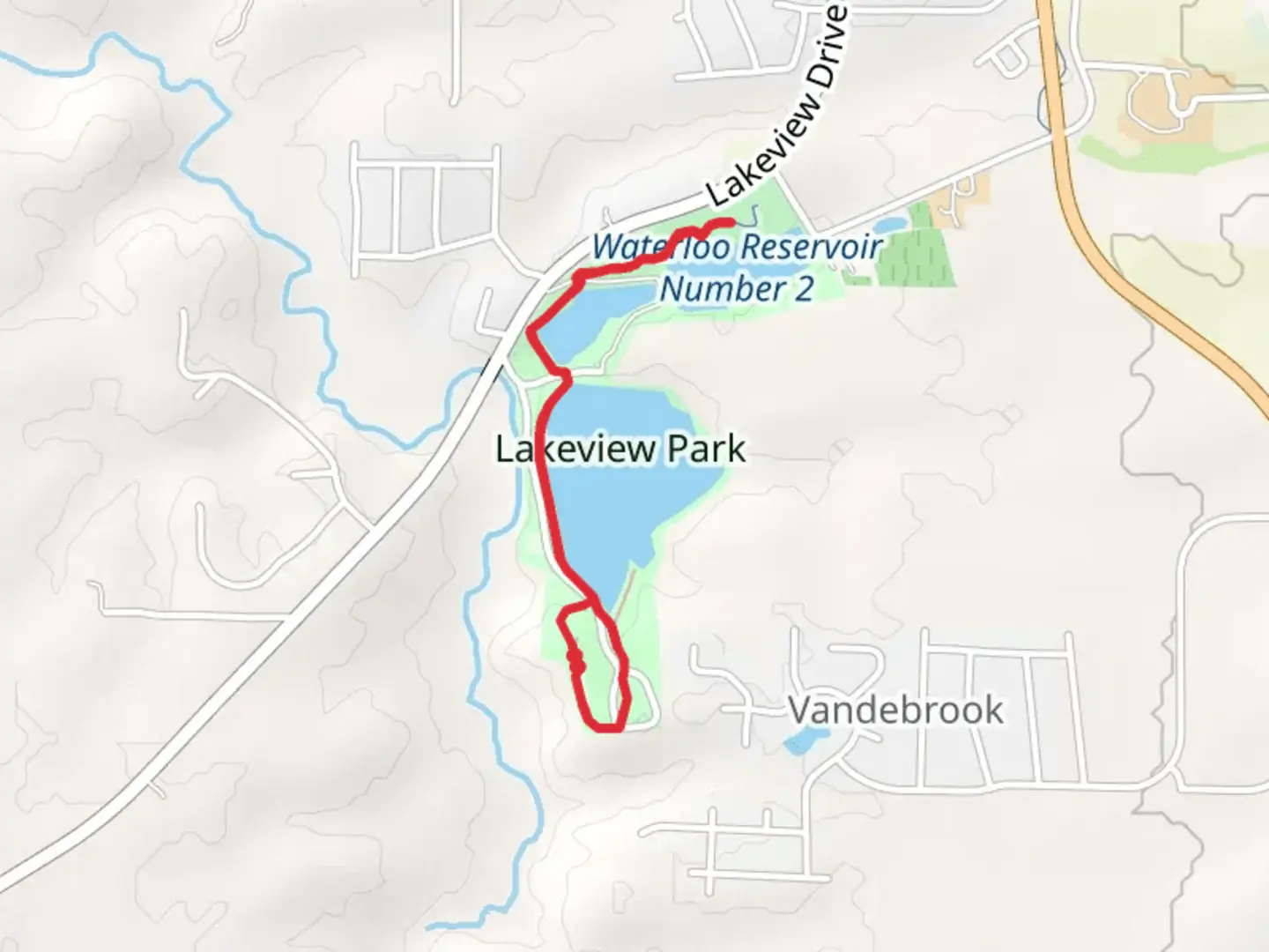 An image depicting the trail Waterloo Reservoir and Lakeview Park and its surrounding area.