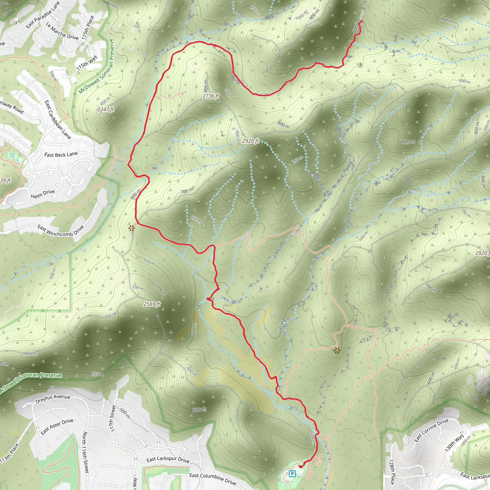 Lost Dog Wash Trail and Quartz Trail mobile static map