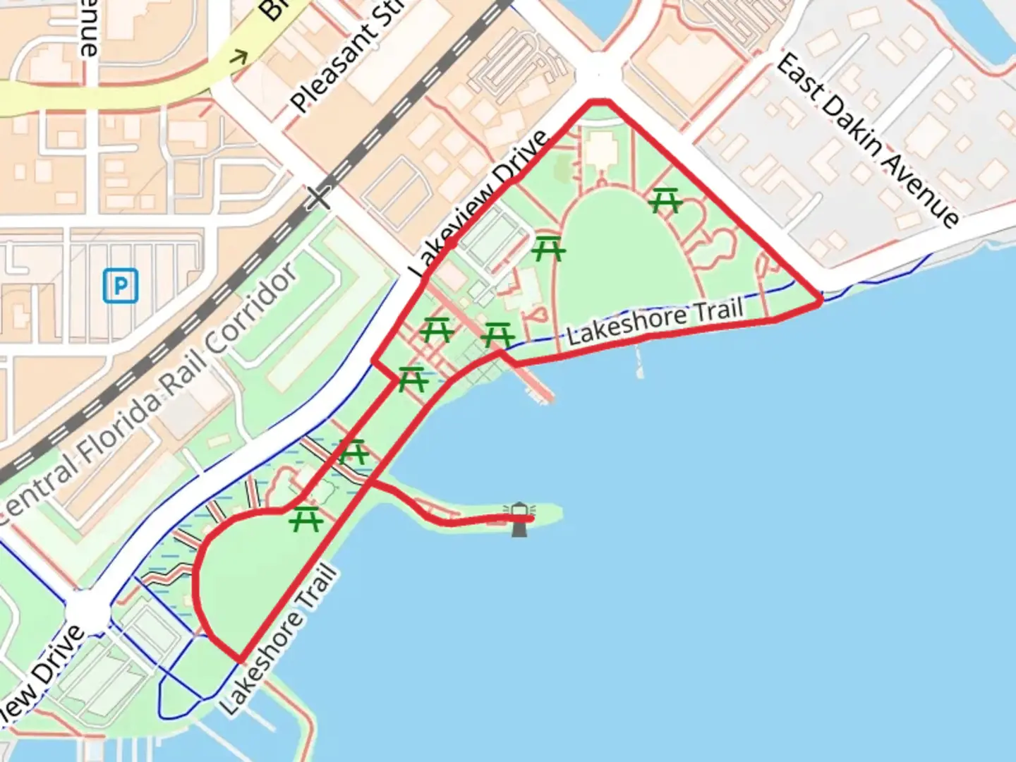 An image depicting the trail Kissimmee Lakefront Park Loop and its surrounding area.