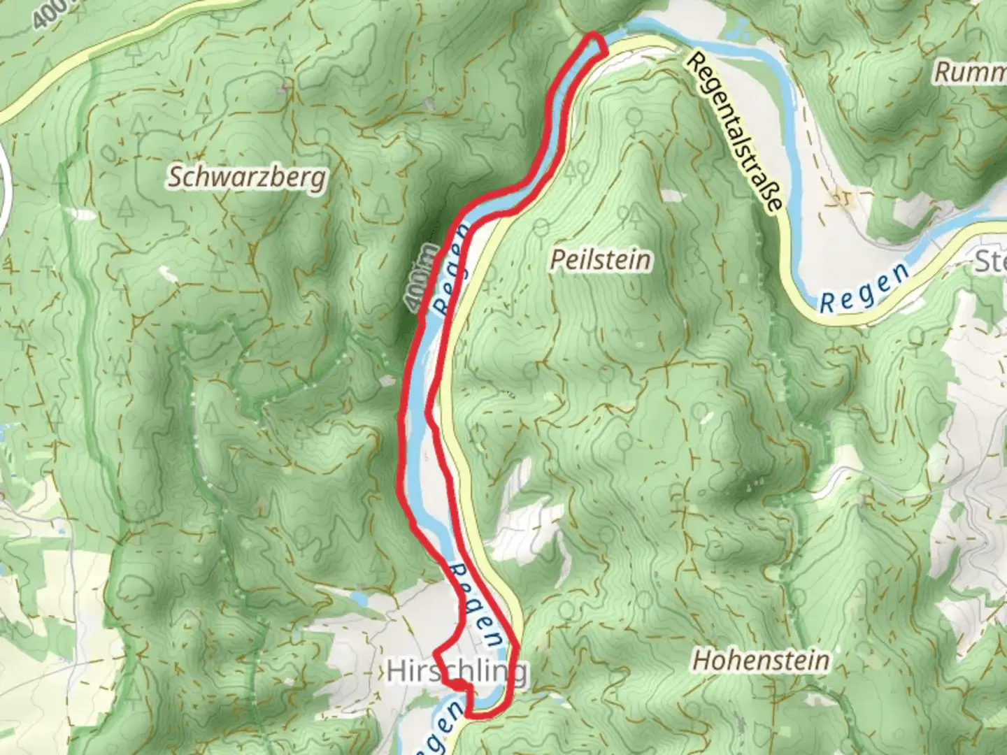 An image depicting the trail Regen via Flusswander Runde and its surrounding area.