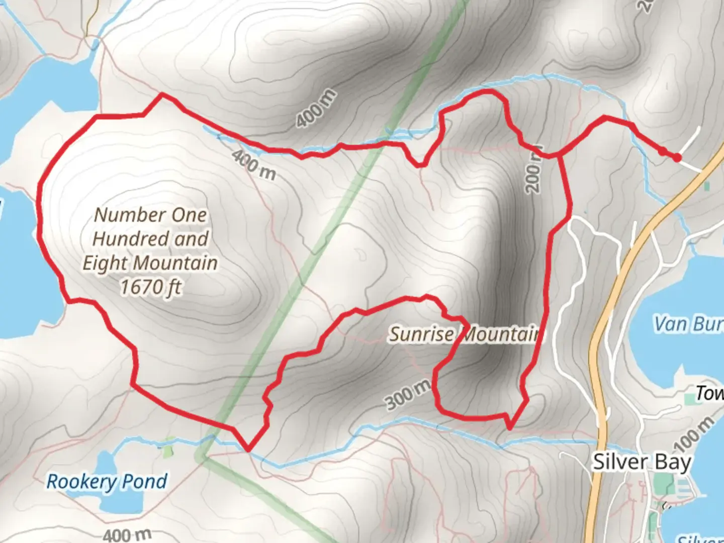 An image depicting the trail No 108 Mountain, Jabe Pond and Sunrise Mountain Loop and its surrounding area.