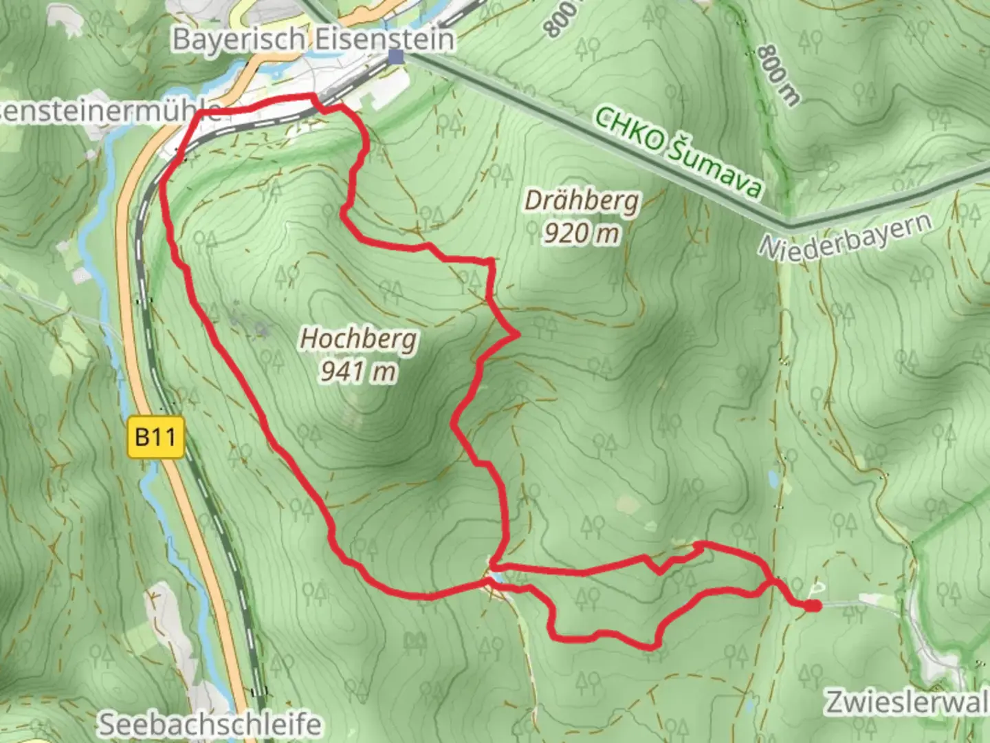 An image depicting the trail Hans-Watzlik Hain and Schmalzbachschwelle via Bussard and Schwarzstorch and its surrounding area.