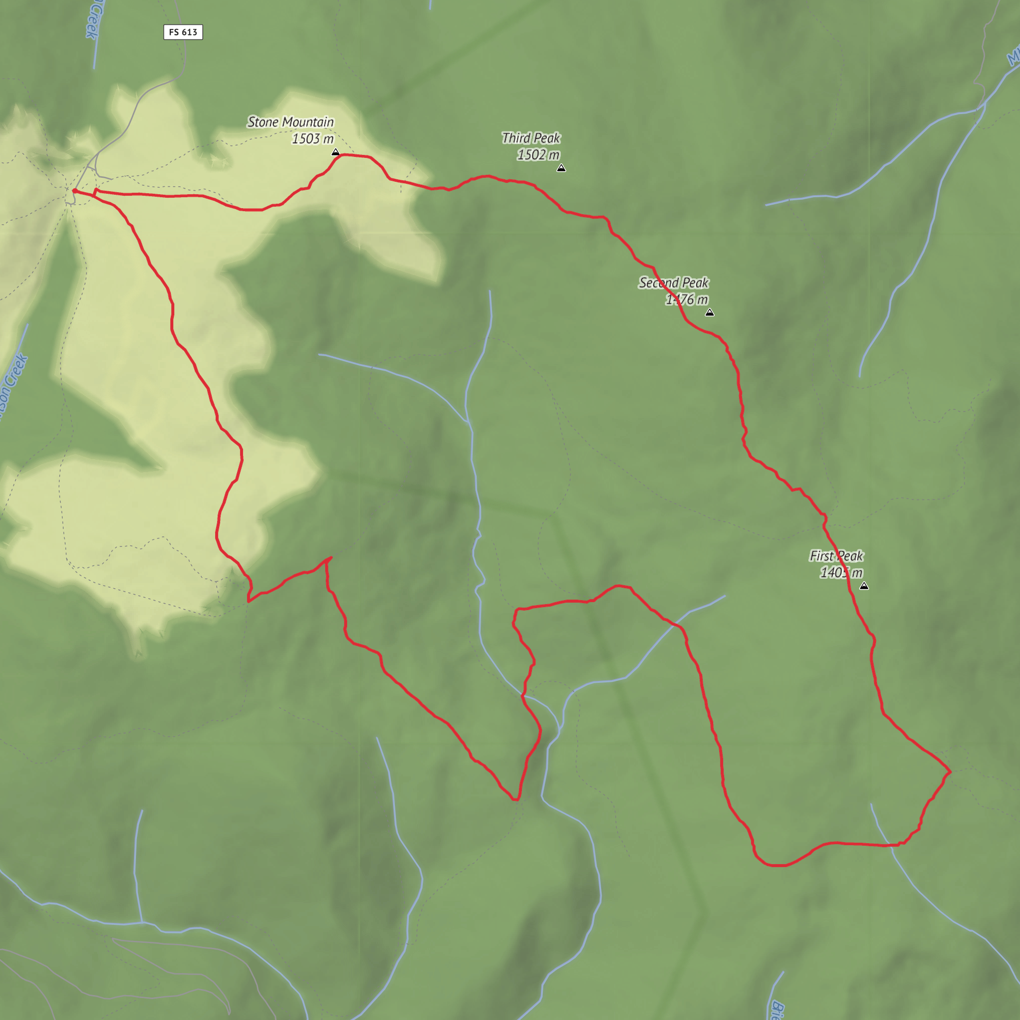 Stone Mountain via First Peak Trail and Big Wilson Creek Trail mobile static map