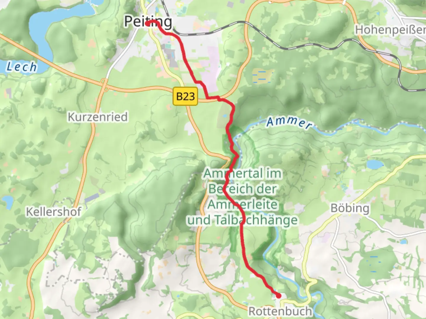 An image depicting the trail Peiting to Rottenbuch via Romantische Strasse and its surrounding area.