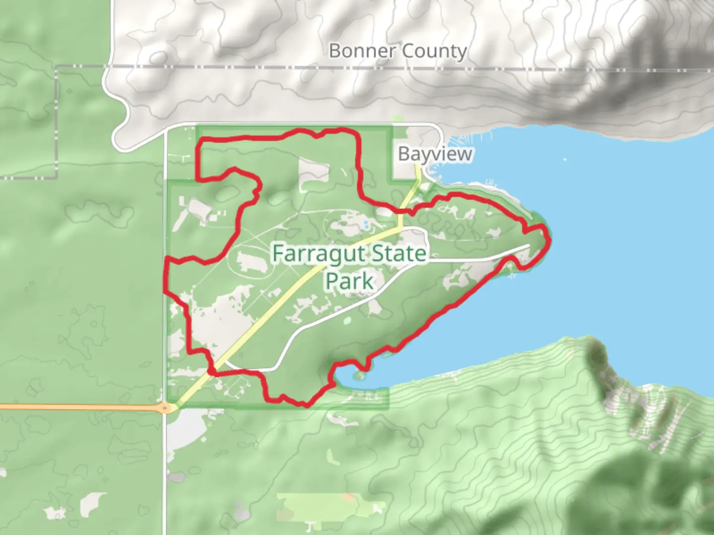 An image depicting the trail Farragut State Park Loop - Long and its surrounding area.
