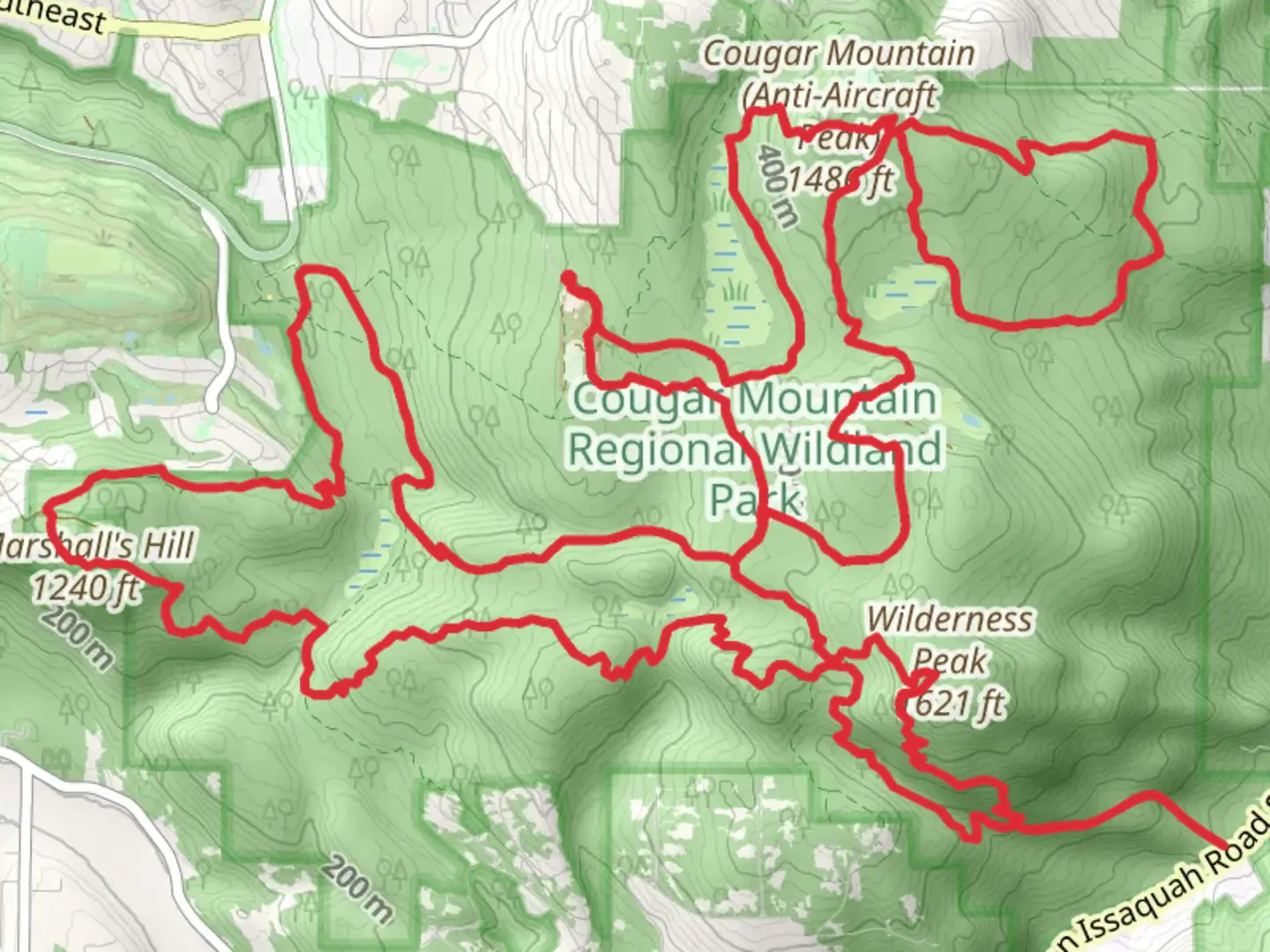 An image depicting the trail Cougar Mountain, Wilderness Peak, Long View Peak Loop - Cougar Mountain Regional Wildland Park and its surrounding area.