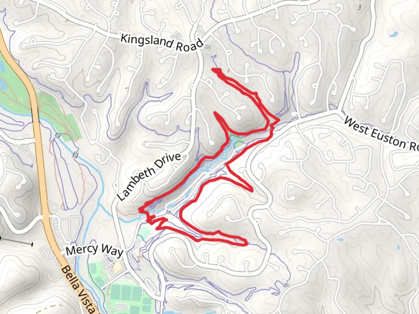 An image depicting the trail Blowing Springs Loop-Upper South and its surrounding area.