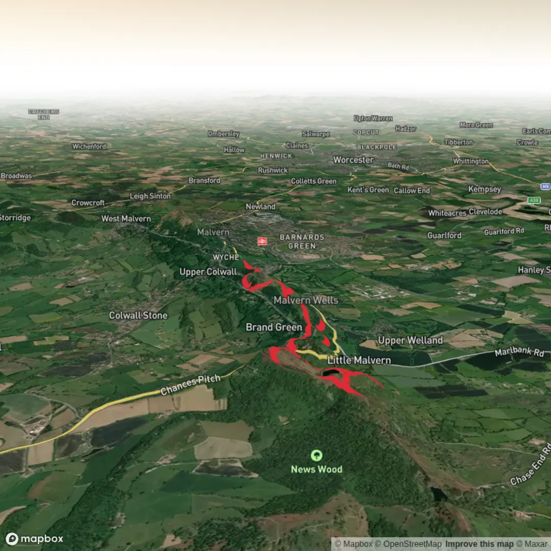 An image depicting the trail Malverns South loop and its surrounding area.