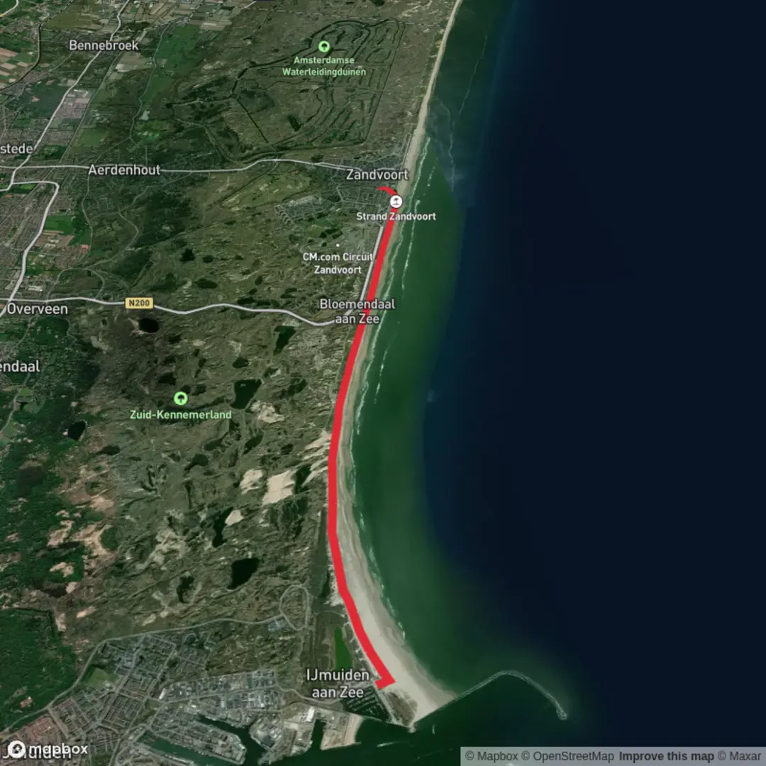 An image depicting the trail Ijmuiden aan Zee to Zandvoort aan Zee via Bloemendaal aan Zee and its surrounding area.