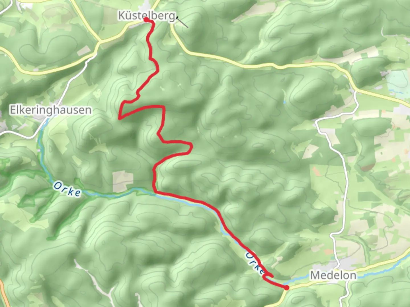 An image depicting the trail Kuckucksloch to Kuestelburg via Roesberg and its surrounding area.