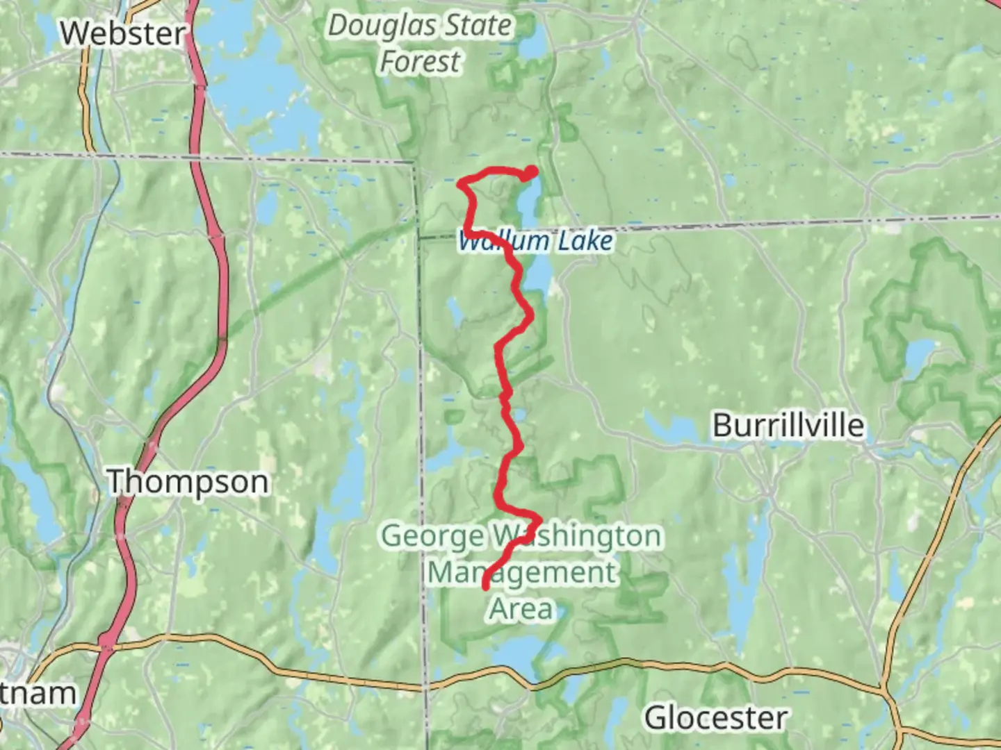 An image depicting the trail Wallum Lake to Richardson Pond via Midstate Trail and its surrounding area.