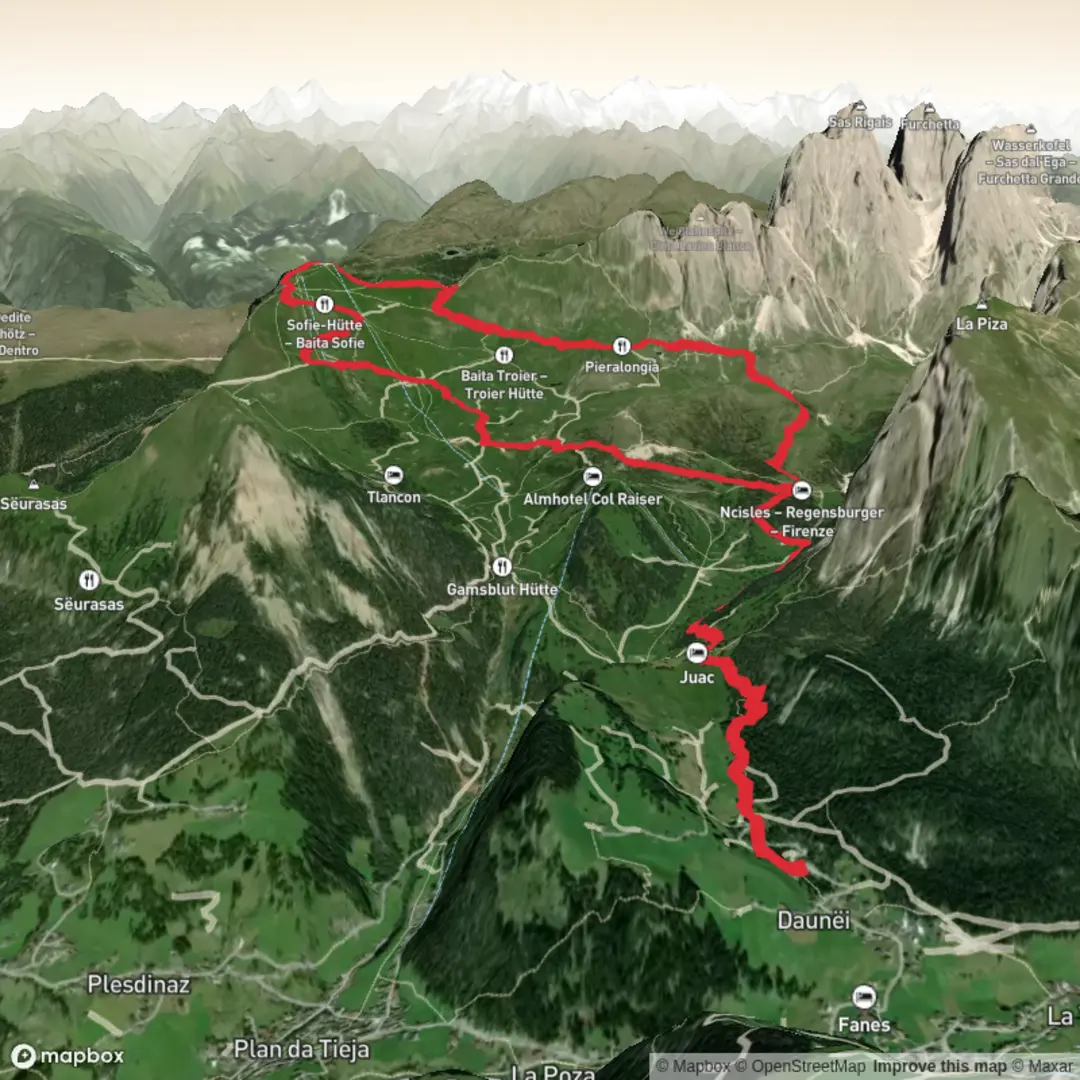 An image depicting the trail Hike 15 - Daunëi__Secëda_Val_Gardena and its surrounding area.