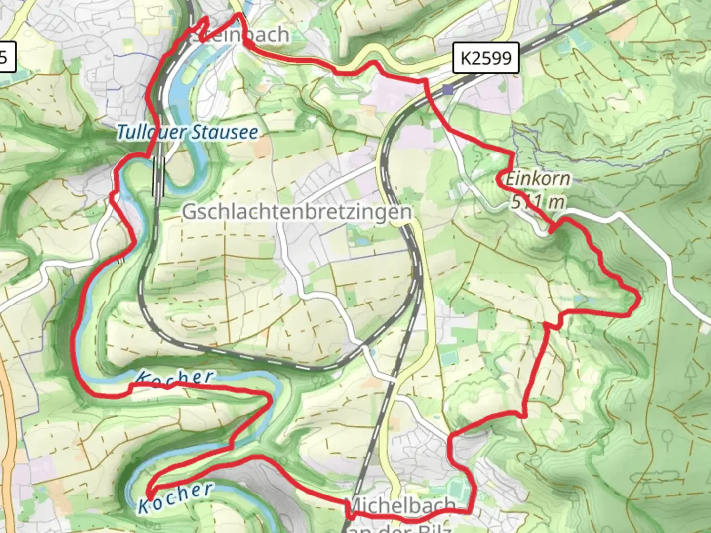 An image depicting the trail Steinbach and Michelbach Loop via Kocher and Grobcomburg and its surrounding area.