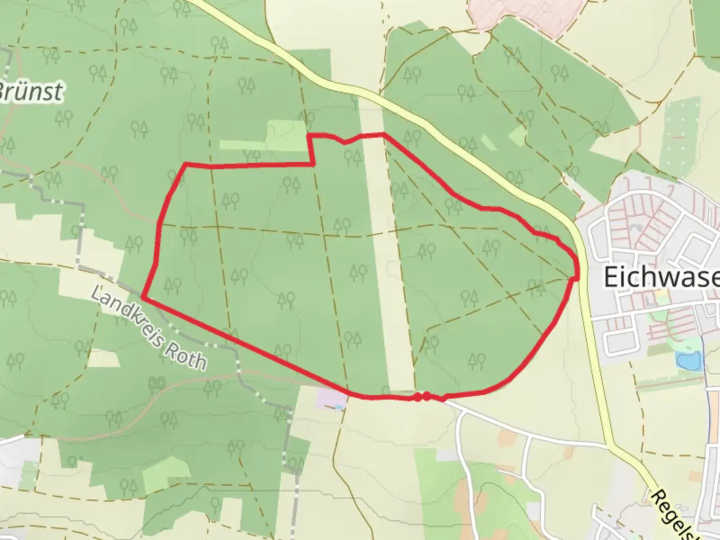 An image depicting the trail Leitelshofer Weg and Brünst Loop and its surrounding area.