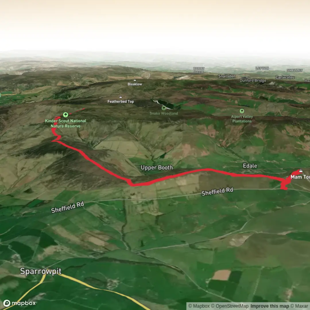 An image depicting the trail Man Tor to Kinder Downfall & Back and its surrounding area.