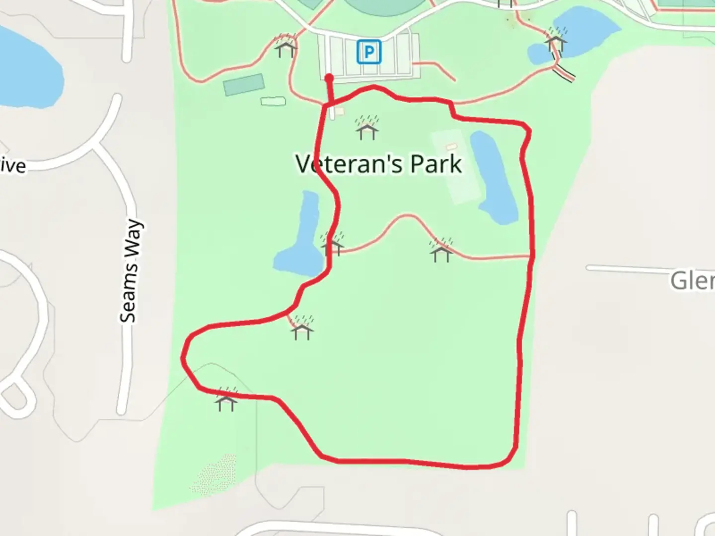 An image depicting the trail Veteran's Park Loop and its surrounding area.