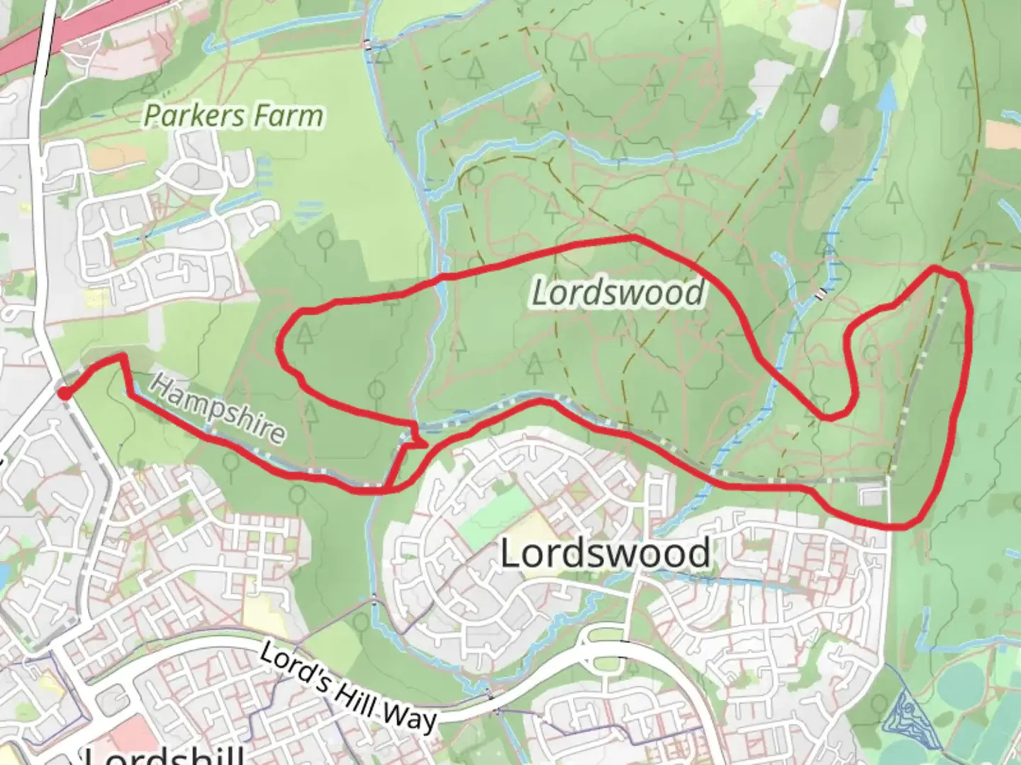 An image depicting the trail Lordswood Greenway Loop and its surrounding area.