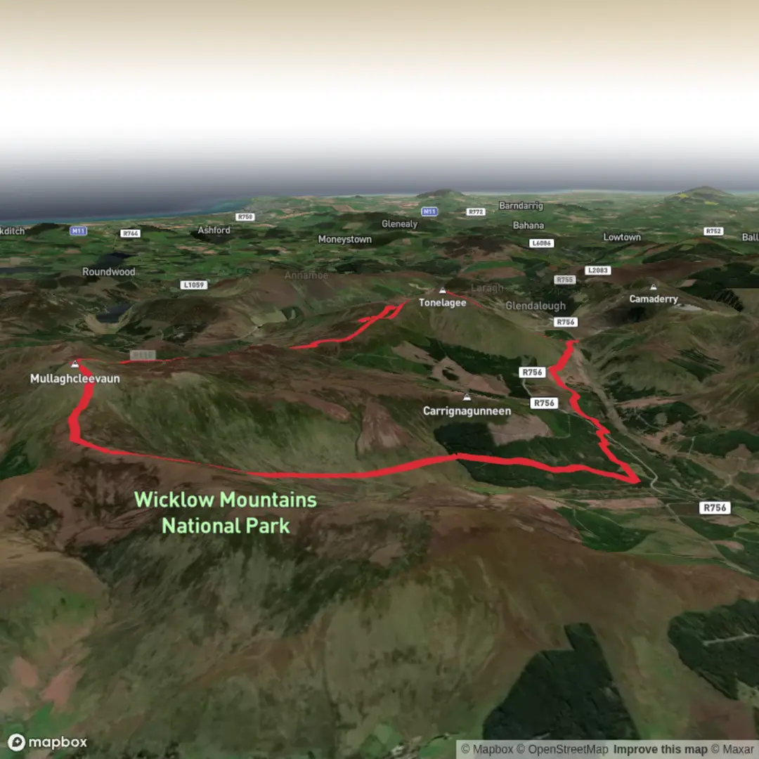 An image depicting the trail Mullaghcleevaun Mullach Cliabhain, Stony Top and Lough Ouler Loop and its surrounding area.