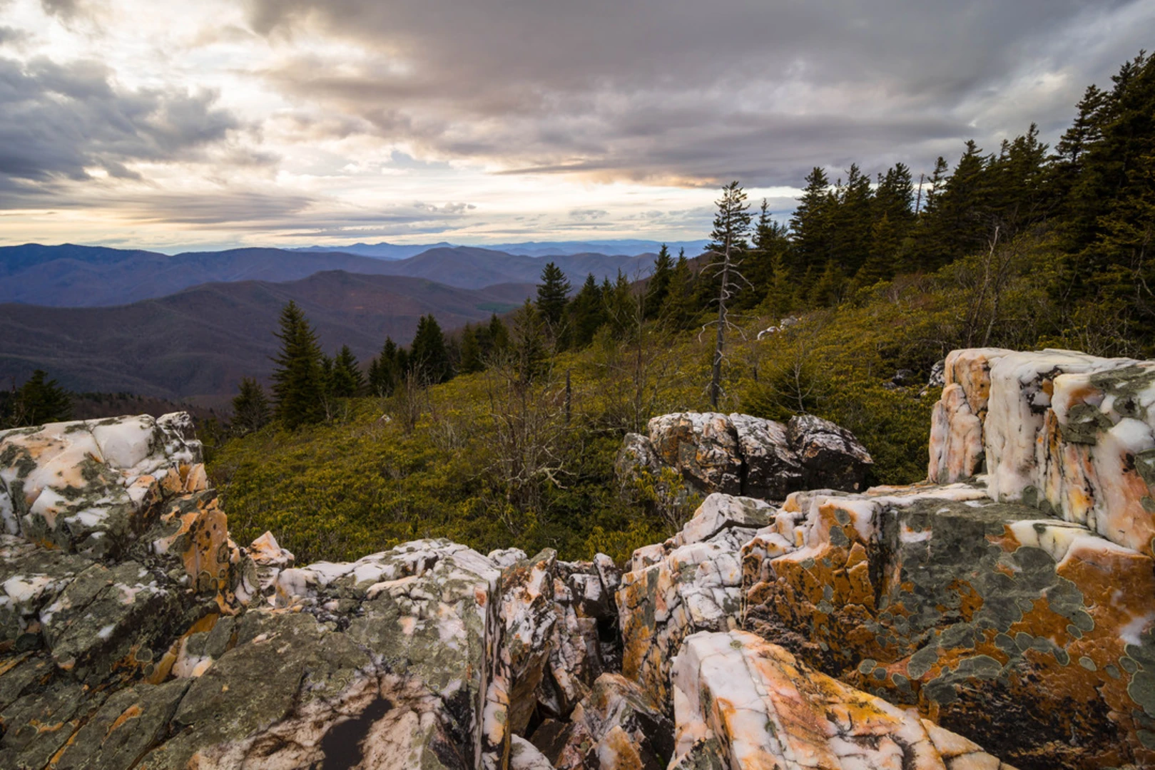 An image depicting the trail Shining Rock via Old Butt Knob Trail and its surrounding area.