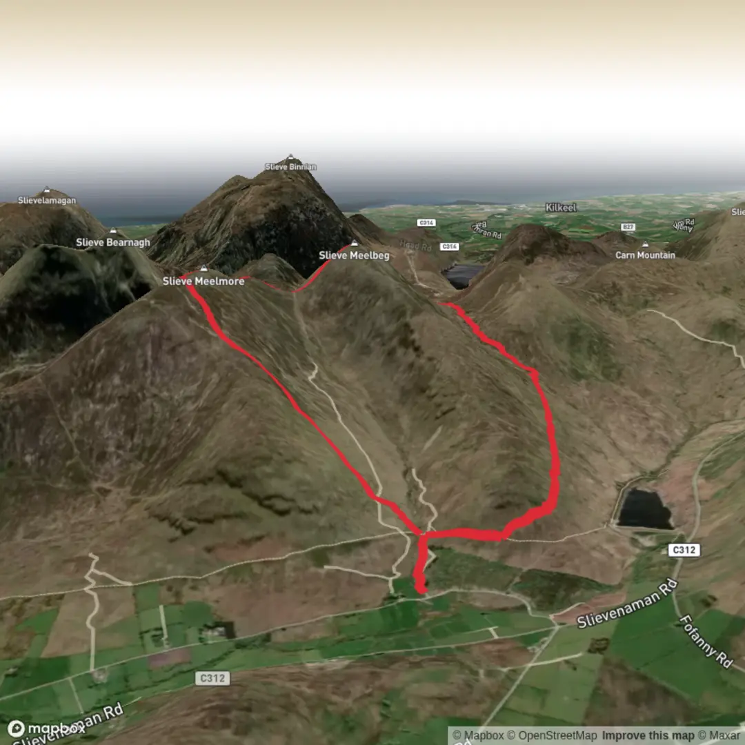 An image depicting the trail Slieve Meelbeg and Slieve Meelmore Loop and its surrounding area.