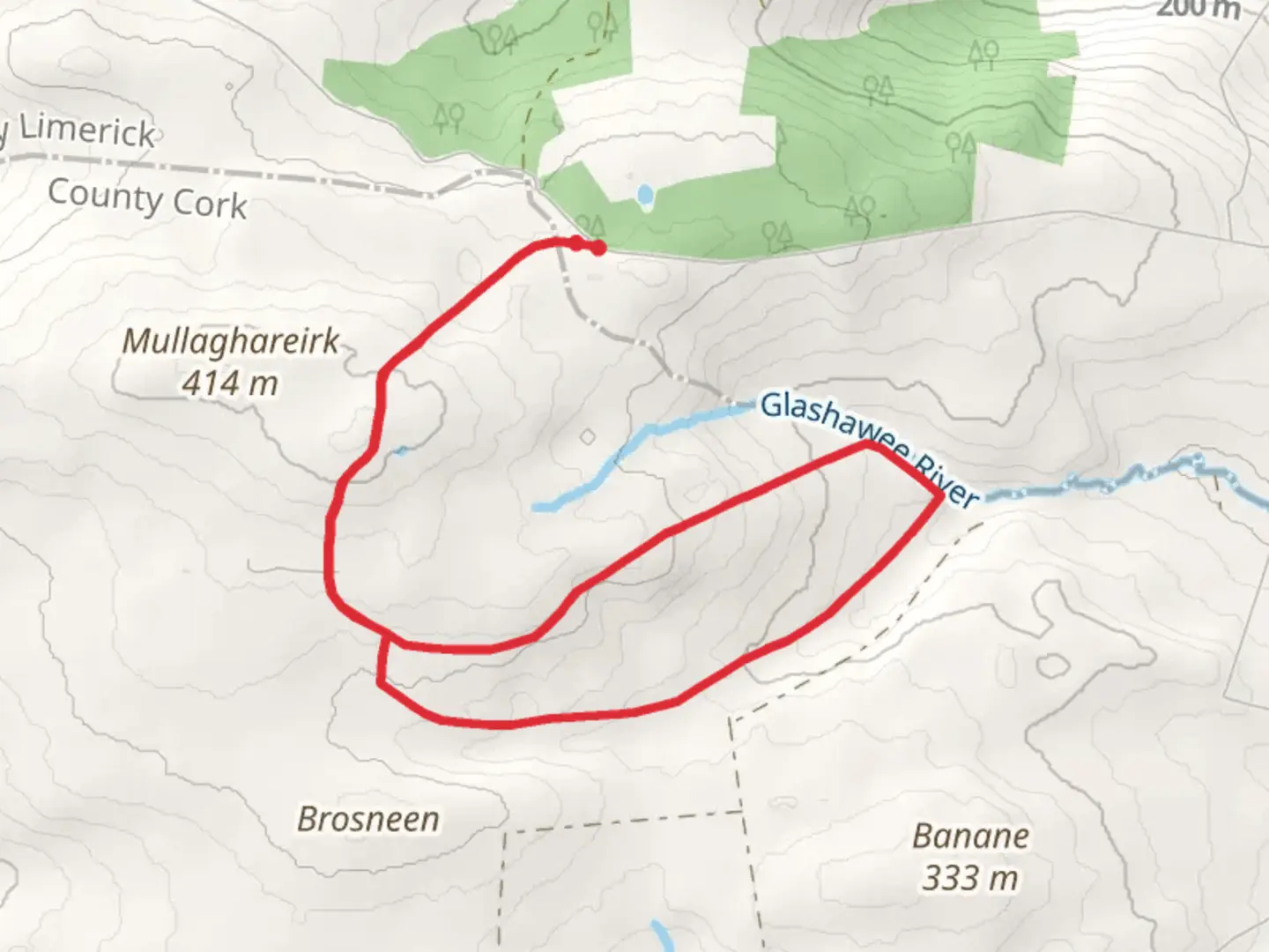 An image depicting the trail Mullaghareirk - Brosneen Loop and its surrounding area.