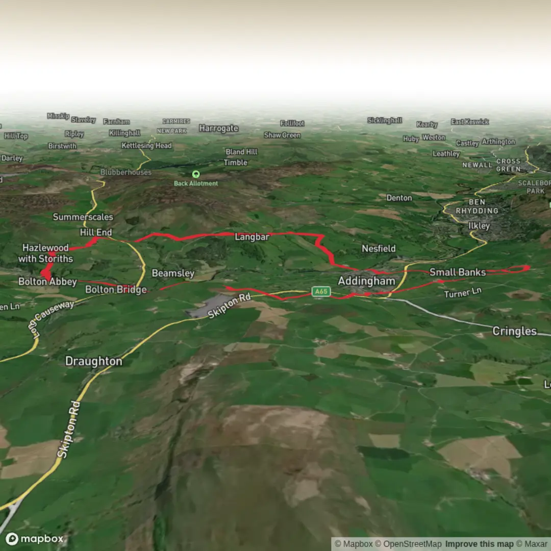 An image depicting the trail Addingham Moorside to Bolton Abbey and its surrounding area.