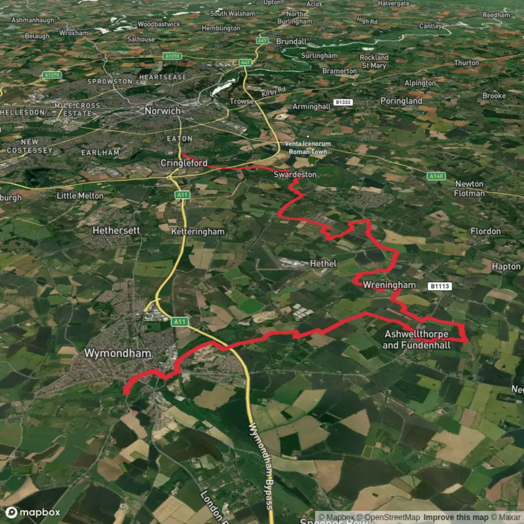 An image depicting the trail Ketts Trail - Wymondham to Norwich and its surrounding area.