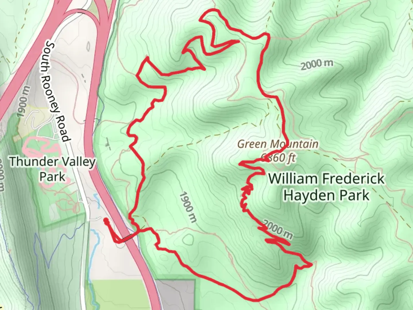 An image depicting the trail Green Mountain via Rooney Valley Trail and Box O' Rox Trail and its surrounding area.