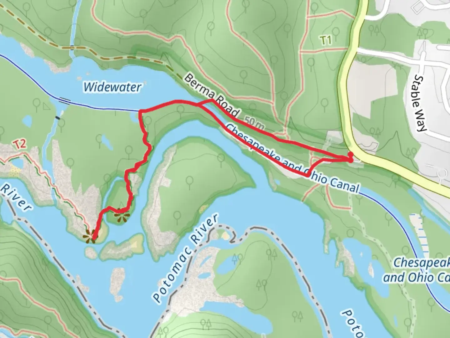 An image depicting the trail Mather Gorge, Chesapeake and Ohio Canal Towpath Loop and its surrounding area.